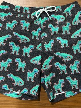 Men's Black Swim Trunks with Teal Dinosaur Print - Casual Swim Shorts